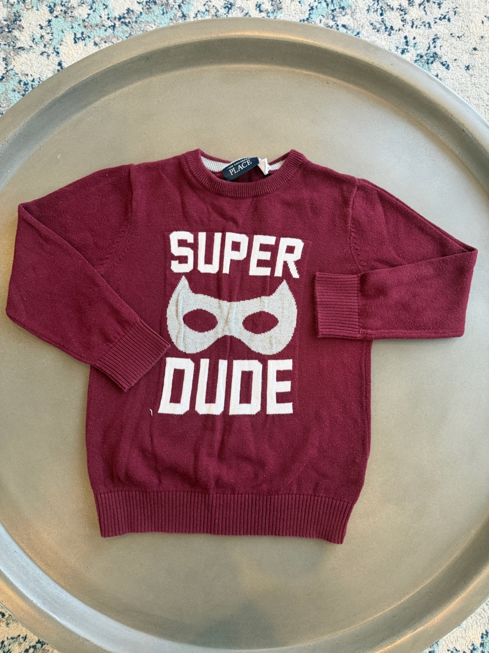 The Children's Place Maroon Crewneck Sweater with White 'Super Dude' Graphic
